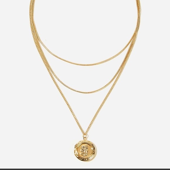 Flower Engraved Round Pendant Layered Necklace - Picture 1 of 6